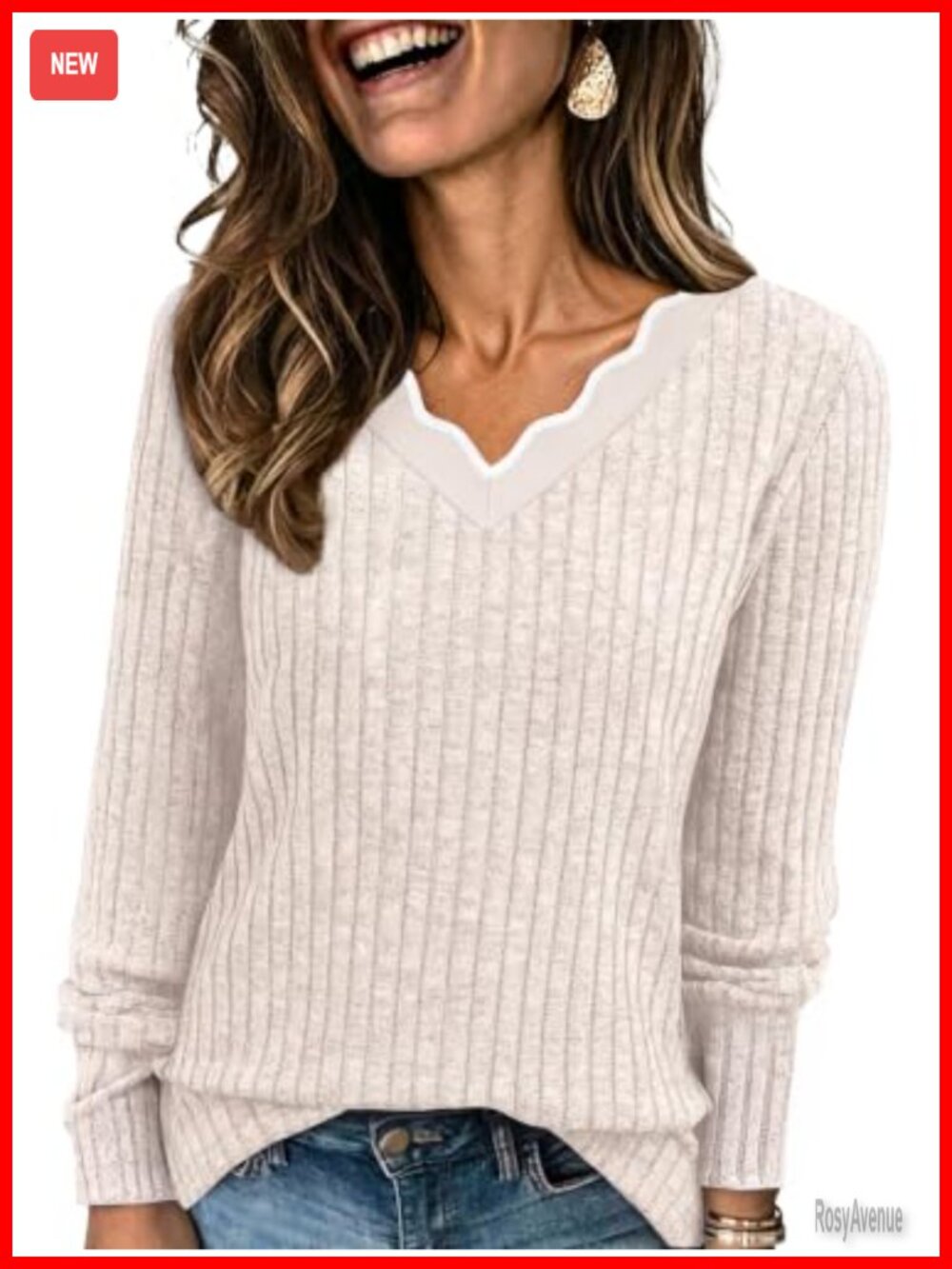 Womens Lightweight Long Sleeve Tunic Top Scallop V Neck Fall Sweater
